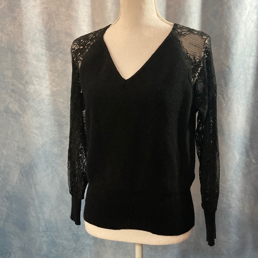 💜2for$35💜Elegant Black Knit V-Neck Sweater W/ Lace Long Sleeves Merokeety Medium